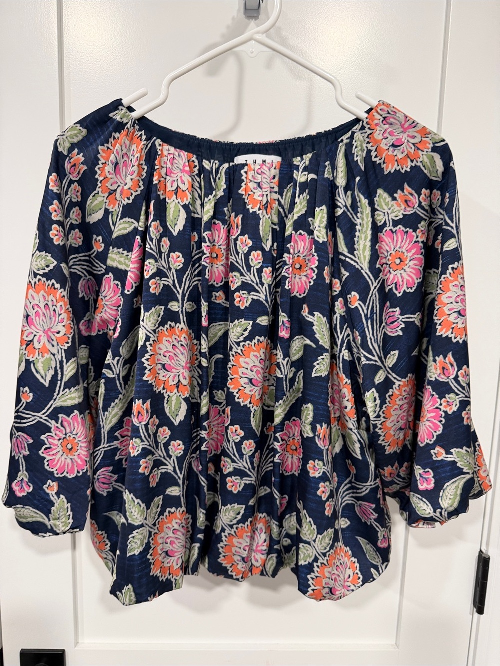THML Navy Off-Shoulder Floral Peasant Top with Pink & Coral Blooms